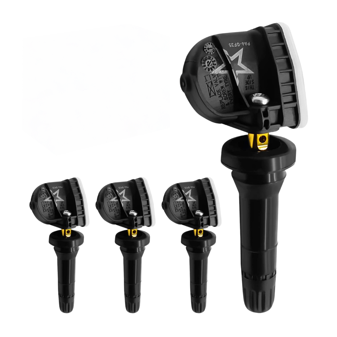 4-pack of TPMS tire pressure sensors laid out – fits Chevy, GMC, Buick